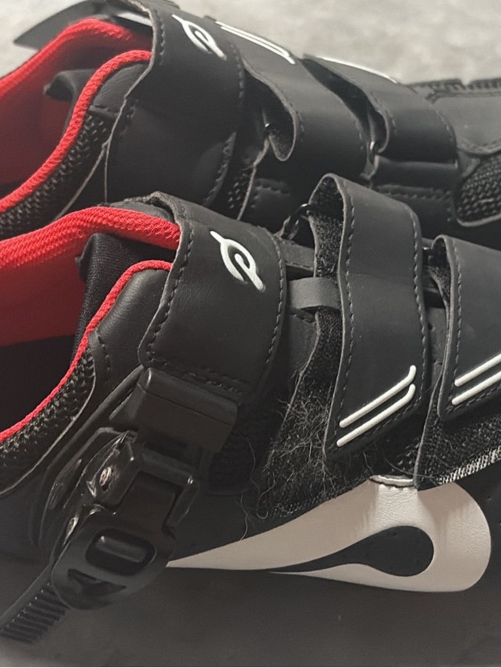 Peloton Black and White Cycling Shoes with Red Cleats